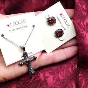Macy's Sterling Silver Garnet Cross Necklace and Victorian Inspired Earr…